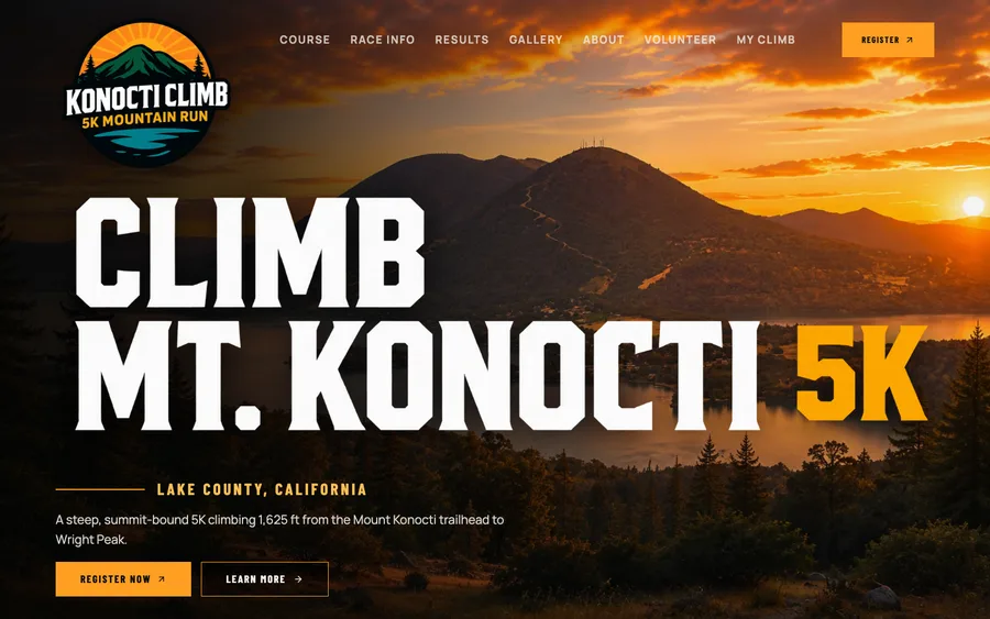 Konocti Climb homepage hero with Mount Konocti at sunset